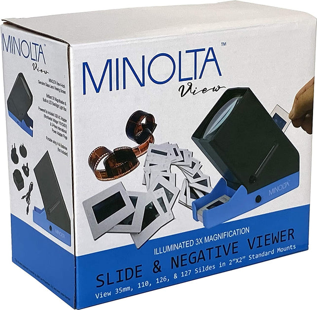 MINOLTA 35Mm Desk Top Portable LED Slide and Negative Viewer Luminated 3X Magnify – for 2"X2" Slides & Positive Negatives - Worldwide AC Adapter & Plugs, Battery Operation & Cloth - The Gadget Collective