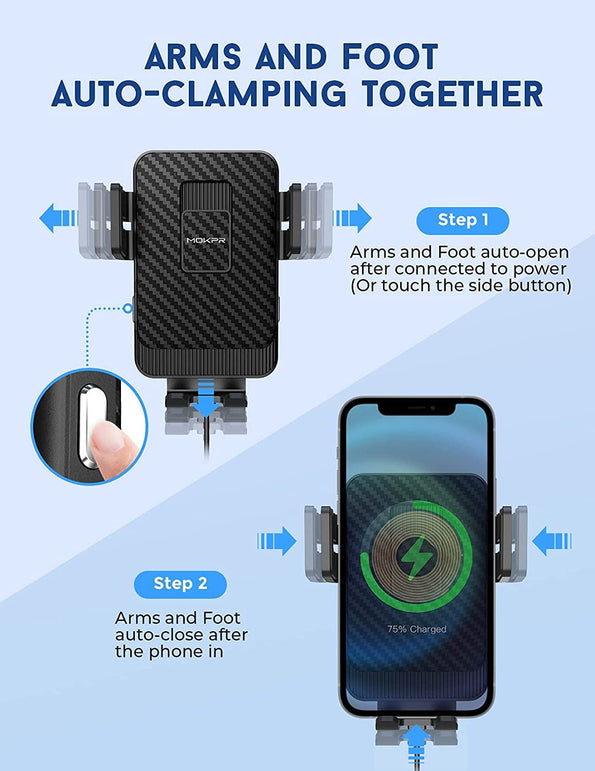 MOKPR Wireless Car Charger, 15W Fast Charging Car Mount Auto-Clamping Car Charger, Dashboard Windshield Phone Holder Compatible with Iphone 14/13/13 Pro/12 Pro/12/11/X/8, Samsung S22/S10/S9/S8/Note10 - The Gadget Collective