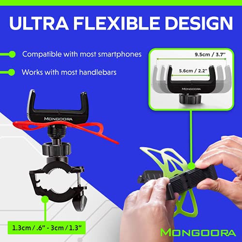 Mongoora Bike & Motorcycle Phone Mount w/ 3 Bands (Black, Red, Green) Cell Phone Holder for Bicycle Handlebar Easy to Install Bike Accessories - The Gadget Collective