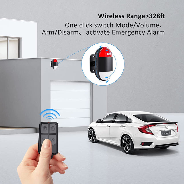 Motion Sensor Alarm Indoor: Wireless Motion Detector Alarm with Siren & Strobe (125Db, 328Ft Remote Control, Battery Operated), Portable Door Chime Bell Alert Burglar for Shop Home Garage Shed Car - The Gadget Collective