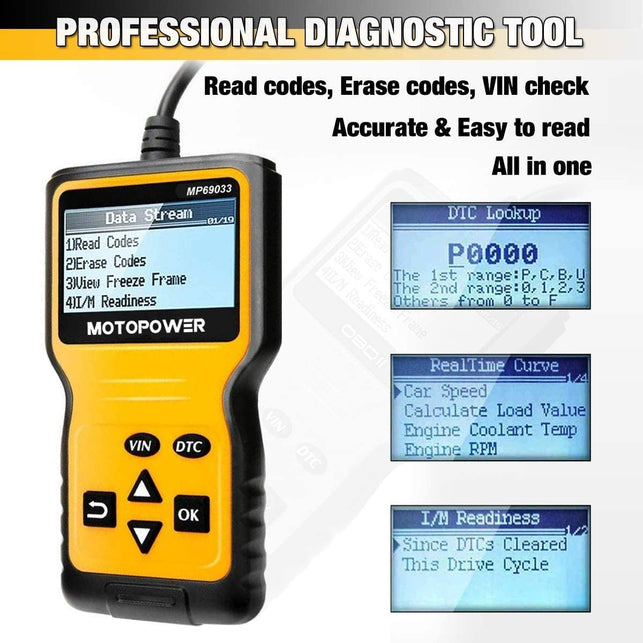 MOTOPOWER MP69033 Car OBD2 Scanner Code Reader Engine Fault Code Reader Scanner CAN Diagnostic Scan Tool for All OBD II Protocol Cars Since 1996, Yell - The Gadget Collective