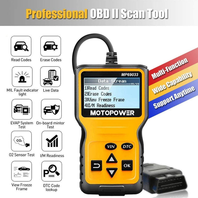 MOTOPOWER MP69033 Car OBD2 Scanner Code Reader Engine Fault Code Reader Scanner CAN Diagnostic Scan Tool for All OBD II Protocol Cars Since 1996, Yell - The Gadget Collective