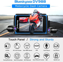 Motorcycle Dash Cam Camera, Blueskysea DV988 1080P 30Fps Dual Wide Angle 140 Degree Lens Sportbike Recording DVR with 4'' Touch Screen Rugged 32GB Card Loop Recording GPS Mode - The Gadget Collective
