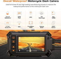Motorcycle Dash Cam Camera,Blueskysea A12 1080P 30Fps Dual Wide Angle 150° Lens Sportbike Recording DVR with 3'' Full Fit Screen Waterproof 32GB Card Loop Recording GPS Mode - The Gadget Collective