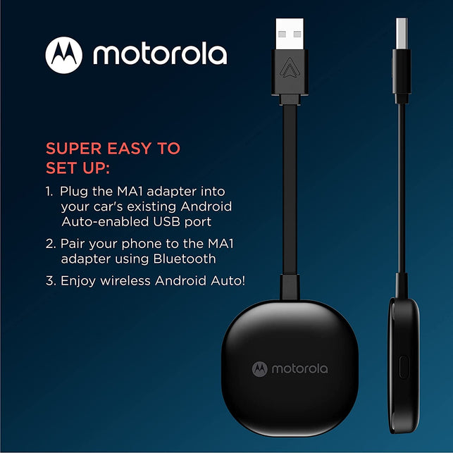 Motorola MA1 Wireless Android Auto Car Adapter - Instant Connection from Smartphone to Car Screen with Easy Setup - Direct Plug-In USB Adapter - Secure Gel Pad Included - The Gadget Collective