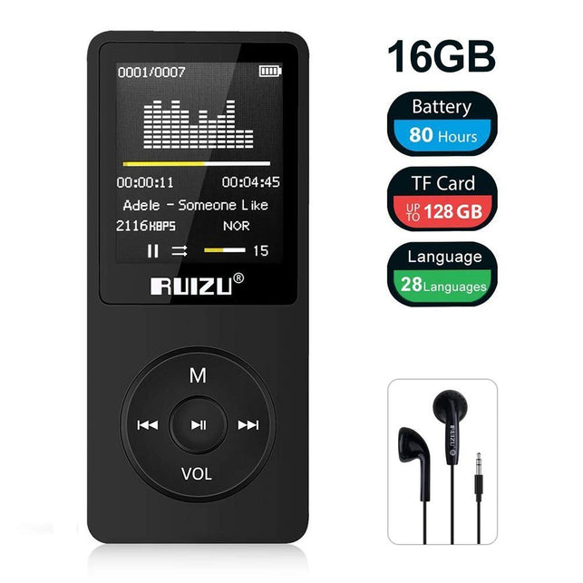 Mp3 Player,RUIZU X02 16GB Ultra Slim Music Player,Long Battery Life Mp3 with FM Radio, Voice Recorder, Video Play, Text Reading, 80 Hours Playback and Expandable Up to 128 GB (Black) - The Gadget Collective
