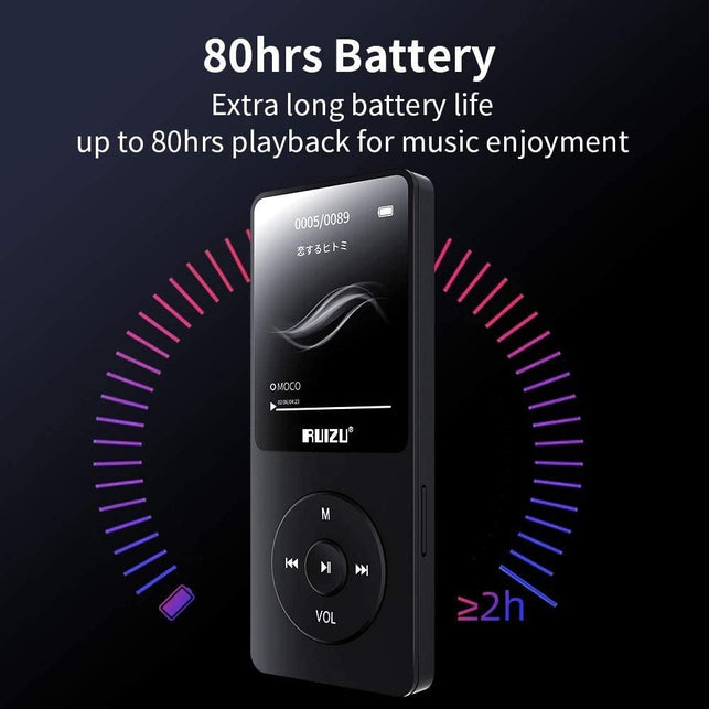 Mp3 Player,RUIZU X02 16GB Ultra Slim Music Player,Long Battery Life Mp3 with FM Radio, Voice Recorder, Video Play, Text Reading, 80 Hours Playback and Expandable Up to 128 GB (Black) - The Gadget Collective