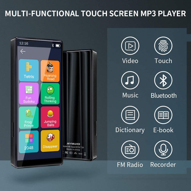 MYMAHDI MP3 Player with Bluetooth 5.0, High Resolution and Full Touch Screen, Built-In Speaker, 8GB Hifi Lossless Sound Player with FM Radio, Voice Recorder, Supports up to 128GB, Black - The Gadget Collective