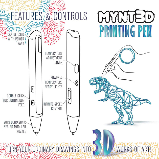 MYNT3D Super 3D Pen, 1.75mm ABS and PLA Compatible 3D Printing Pen - The Gadget Collective