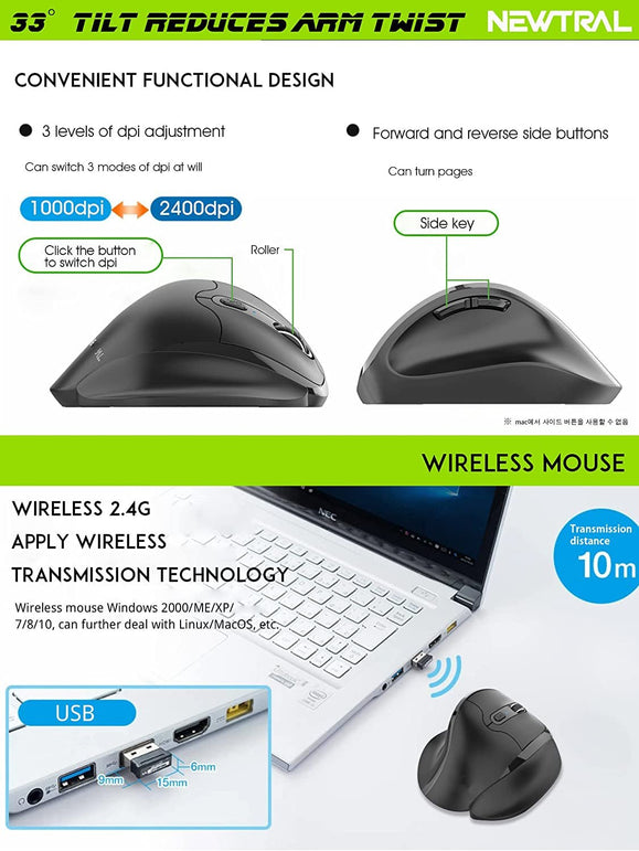 Newtral Ergonomic Mouse,Unique 33 Degree Vertical Wireless Mouse - 2.4Ghz Optical Vertical Mice : 3 Adjustable DPI 800/1200/1600 Levels, for Laptop, PC, Computer,Notebook Etc, Right Hand( Medium) - The Gadget Collective