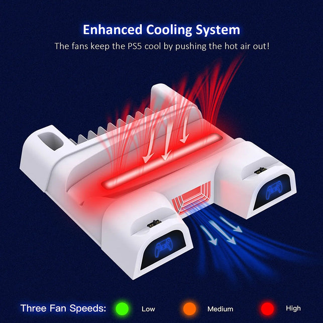 Nexigo PS5 Accessories Cooling Stand with LED Lighting Fans and Dual Controller Charger Station for Playstation 5 Console, Upgraded Multifunctional Stand with Charging Dock, 10 Game Slots, White - The Gadget Collective