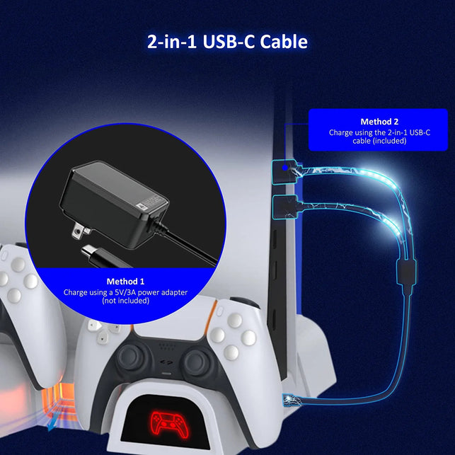 Nexigo PS5 Accessories Cooling Stand with LED Lighting Fans and Dual Controller Charger Station for Playstation 5 Console, Upgraded Multifunctional Stand with Charging Dock, 10 Game Slots, White - The Gadget Collective