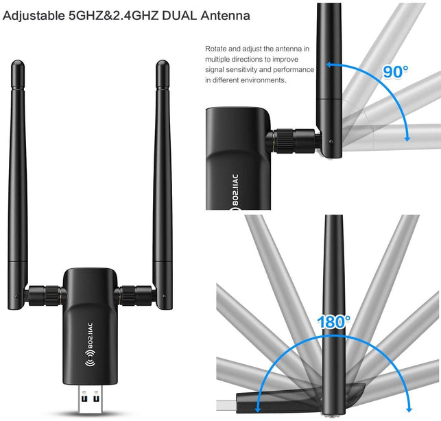 Nineplus Wireless USB WiFi Adapter for PC - 802.11AC 1200Mbps Dual 5Dbi Antennas 5G/2.4G WiFi USB for PC Desktop Laptop MAC Windows 10/8/8.1/7/Vista/X - The Gadget Collective