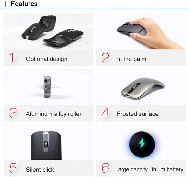 NORMIA RITA Foldable Arc Wireless Mouse Silent Click Bluetooth 2.4Ghz Dual Modes Portable Curved Mouse for Home, Office, Travel - The Gadget Collective