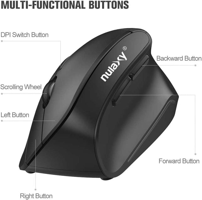 Nulaxy Ergonomic Mouse, 2.4G Wireless Vertical Mouse with 3 Adjustable DPI(800 / 1200 /1600), Wireless Ergonomic Optical Mouse with 6 Buttons for Computer, Laptop, PC, Ipad, Desktop, Macbook Black - The Gadget Collective