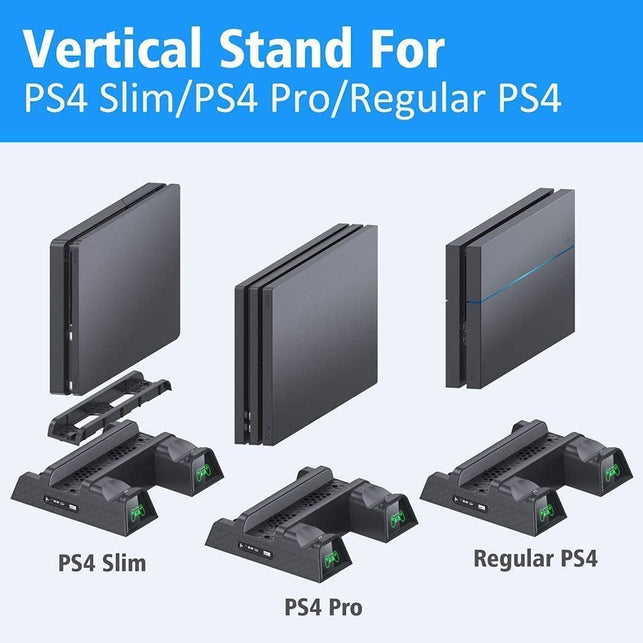 OIVO PS4 Stand Cooling Fan Station for Playstation 4/PS4 Slim/Ps4 Pro, PS4 Pro Vertical Stand with Dual Controller EXT Port Charger Dock Station and 12 Game Slots - The Gadget Collective