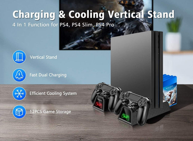 OIVO PS4 Stand Cooling Fan Station for Playstation 4/PS4 Slim/Ps4 Pro, PS4 Pro Vertical Stand with Dual Controller EXT Port Charger Dock Station and 12 Game Slots - The Gadget Collective