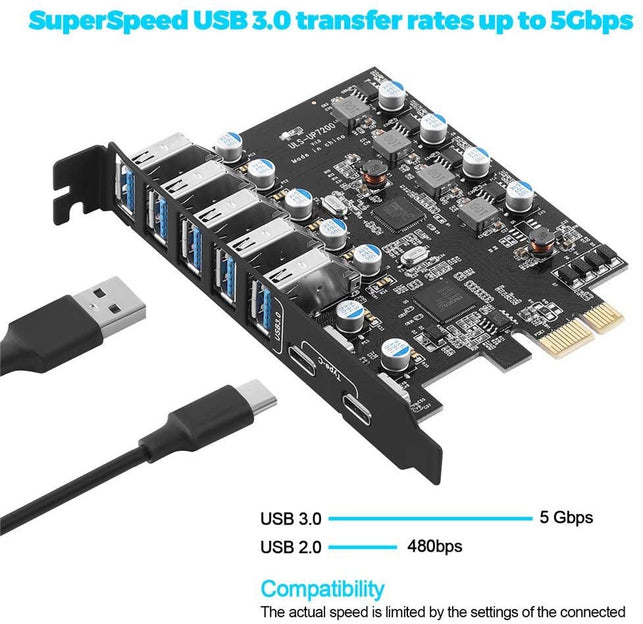 PCI-E to USB 3.0 7-Port(2X USB-C - 5X USB-A ) Expansion Card ,PCI Express USB Add in Card , Internal USB3 Hub Converter for Desktop PC Host Card Support Windows 10/8/7/XP and MAC OS 10.8.2 Above - The Gadget Collective