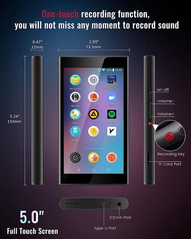 Pecsu G5 MP3 Player with Bluetooth and Wifi, 5 Inch HD IPS Display with Full Touchscreen Android MP4 Music Player with Speaker, Supports APP Store, Spotify, Pandora, Youtube, Expandable up to 1TB - The Gadget Collective
