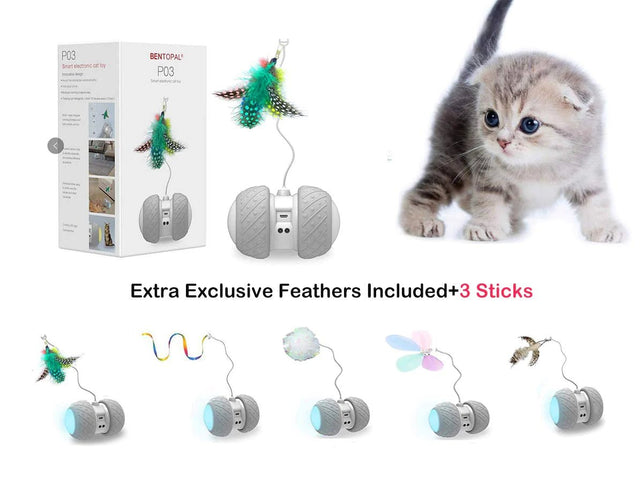 PetDroid Boltz Robotic Cat Toy Interactive,Attached with Feathers/Birds/Mouse Toys for Cats/Kitten,Large Capacity Battery/All Floors Available (Grey) - The Gadget Collective
