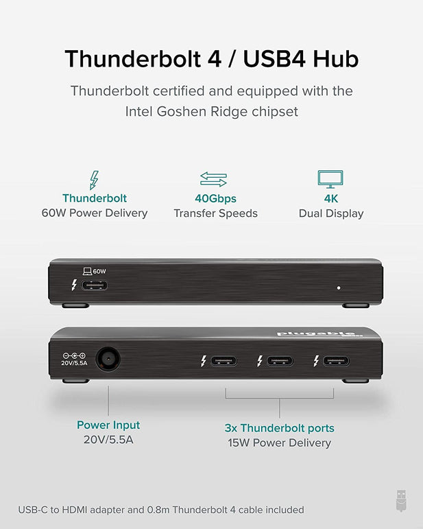 Plugable Thunderbolt 4 Hub, 4-In-1 Pure USB-C Design, Includes USB-C to 4K HDMI Adapter, 60W Laptop Charging, Compatible with Mac and Windows Laptops and USB-C, Thunderbolt 3 or 4, and USB4 Devices - The Gadget Collective