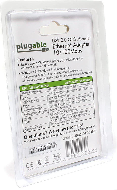Plugable USB 2.0 OTG Micro-B to 100Mbps Fast Ethernet Adapter Compatible with Windows Tablets, Raspberry Pi Zero, and Some Android Devices (ASIX AX88772A Chipset). - The Gadget Collective