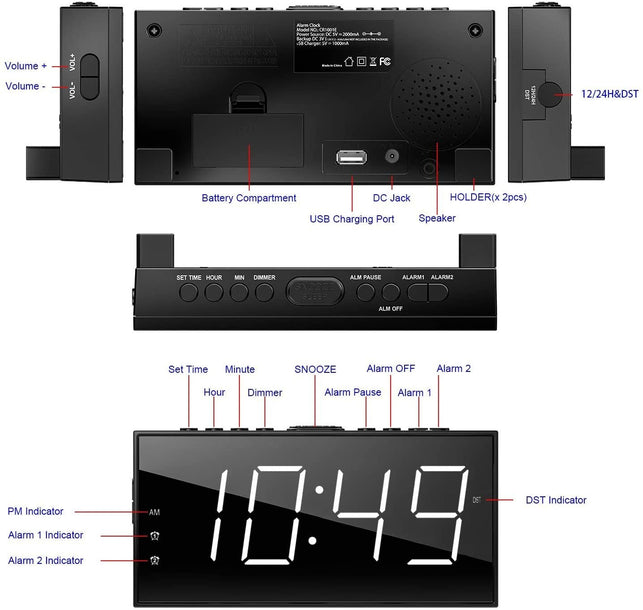 PPLEE Alarm Clock for Bedroom, 2 Alarms Loud LED Big Display Clock with USB Charging Port, Adjustable Volume, Dimmable, Snooze, Plug in Simple Basic D - The Gadget Collective