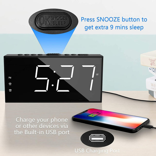 PPLEE Alarm Clock for Bedroom, 2 Alarms Loud LED Big Display Clock with USB Charging Port, Adjustable Volume, Dimmable, Snooze, Plug in Simple Basic D - The Gadget Collective