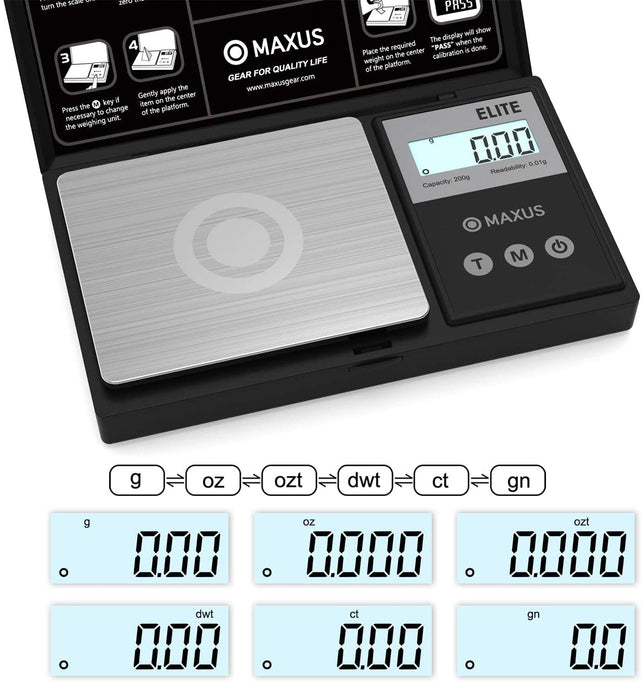 Precision Pocket Scale 200G X 0.01G, MAXUS Elite Digital Gram Scale Small Scale Mini Food Scale Jewelry Scale Ounces/ Grains Scale, Easy to Carry, Great for Travel ,Backlit LCD, Stainless Steel - The Gadget Collective