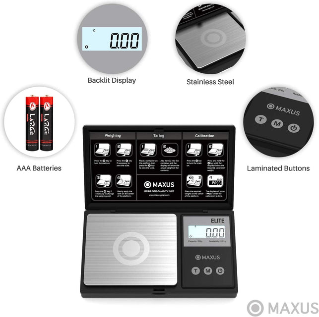 Precision Pocket Scale 200G X 0.01G, MAXUS Elite Digital Gram Scale Small Scale Mini Food Scale Jewelry Scale Ounces/ Grains Scale, Easy to Carry, Great for Travel ,Backlit LCD, Stainless Steel - The Gadget Collective