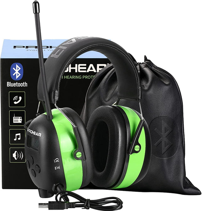 PROHEAR 033 Upgraded 5.1 Bluetooth Hearing Protection AM FM Radio Headphones, Noise Reduction Safety Earmuffs with Rechargeable 2000 Mah Battery, Ear Protector for Mowing Lawn Work - Green - The Gadget Collective