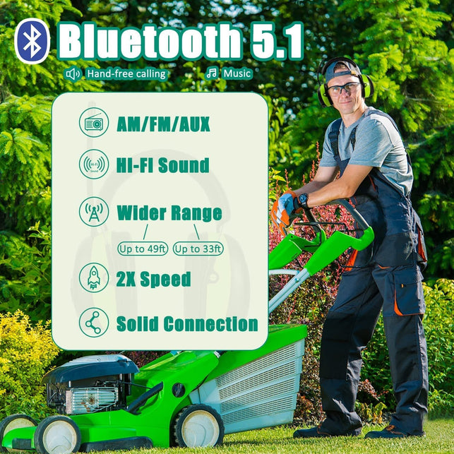 PROHEAR 033 Upgraded 5.1 Bluetooth Hearing Protection AM FM Radio Headphones, Noise Reduction Safety Earmuffs with Rechargeable 2000 Mah Battery, Ear Protector for Mowing Lawn Work - Green - The Gadget Collective