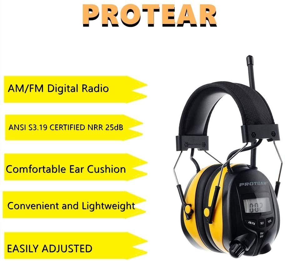 PROTEAR Digital AM FM Radio Headphones Ear Protection Safety Ear Muffs Electronic Noise Reduction Ear Defender for Mowing Lawn Working Yellow