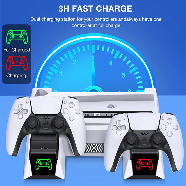 PS5 Stand Cooling Fan with Controller Charging Station for Playstation 5, PS5 Cooling Station PS5 Accessories for PS5 Console Digital&Disc Edition, PS5 Docking Station, Headset Holder, 11 Slots-White - The Gadget Collective