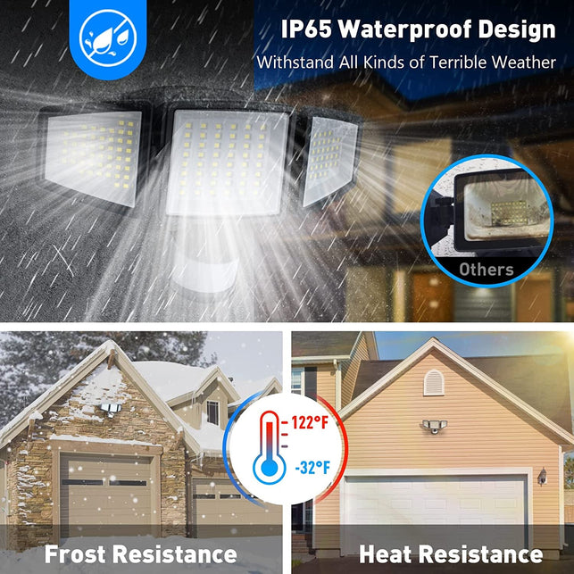 QUNCWL Motion Sensor Outdoor Lights Battery Powered - 1000LM Battery Operated LED Security Light - 5000K Flood Lights IP65 Waterproof 3 Head Wall Light for outside Garage Basement Barn - The Gadget Collective