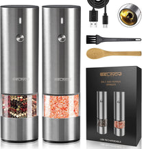 Rechargeable Electric Salt and Pepper Grinder Set - Stainless Steel, with USB Type-C Cable, LED Lights, Automatic Modern Electric Pepper Mill, 2 Adjustable Coarseness Mills, One Hand Operation - The Gadget Collective