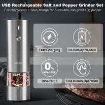 Rechargeable Electric Salt and Pepper Grinder Set - Stainless Steel, with USB Type-C Cable, LED Lights, Automatic Modern Electric Pepper Mill, 2 Adjustable Coarseness Mills, One Hand Operation - The Gadget Collective