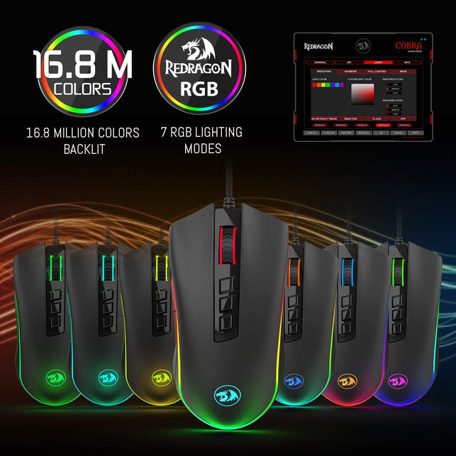 Redragon M711 COBRA Gaming Mouse with 16.8 Million RGB Color Backlit, 10,000 DPI Adjustable, Comfortable Grip, 7 Programmable Buttons - The Gadget Collective