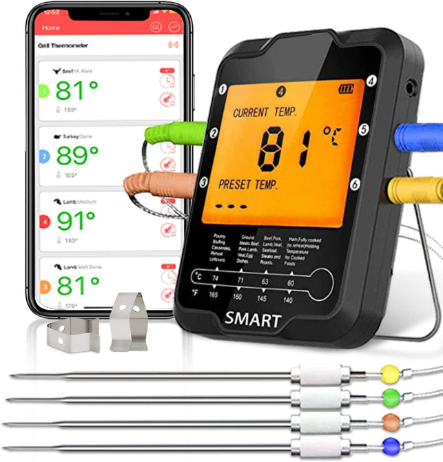 Rilitor Wireless Meat Thermometer Digital Bluetooth Food Grill Thermometers for Kitchen Smoker Oven Grill with 328Ft/100M Remote Range (4 Probes) - The Gadget Collective