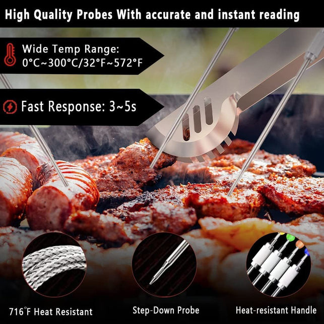 Rilitor Wireless Meat Thermometer Digital Bluetooth Food Grill Thermometers for Kitchen Smoker Oven Grill with 328Ft/100M Remote Range (4 Probes) - The Gadget Collective