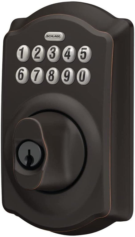 Schlage BE365 V CAM 716 Camelot Keypad Deadbolt Electronic Keyless Entry Lock, Aged Bronze - The Gadget Collective