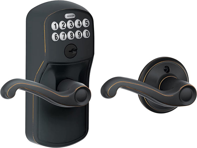 Schlage FE575 PLY 716 FLA Plymouth Keypad Lock with Flair Lever, Auto-Lock, Electronic Keyless Entry, Aged Bronze - The Gadget Collective