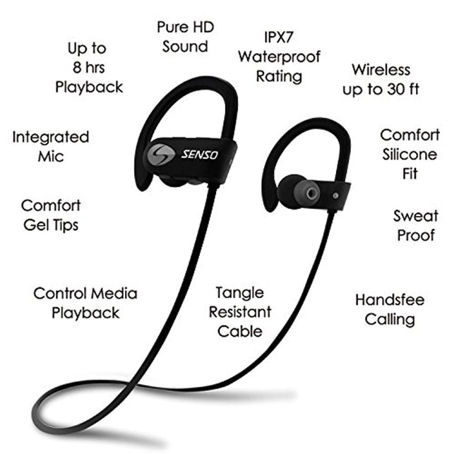 SENSO Bluetooth Headphones, Best Wireless Sports Earphones w/Mic IPX7 Waterproof HD Stereo Sweatproof Earbuds for Gym Running - The Gadget Collective