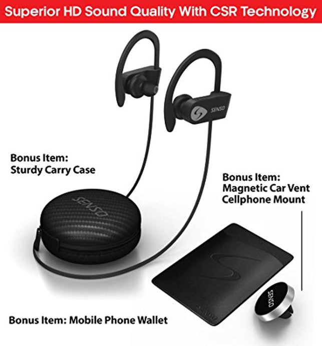 SENSO Bluetooth Headphones, Best Wireless Sports Earphones w/Mic IPX7 Waterproof HD Stereo Sweatproof Earbuds for Gym Running - The Gadget Collective