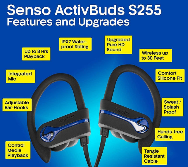 SENSO Bluetooth Wireless Headphones, Best Sports Earphones W/Mic IPX7 Waterproof HD Stereo Sweatproof Earbuds for Gym Running Workout 8 Hour Battery Noise Cancelling Headsets Cordless Heapdhone - Blue - The Gadget Collective