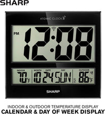 SHARP Atomic Clock - Never Needs Setting! - Jumbo 3" Easy to Read Numbers - Indoor/Outdoor Temperature Display with Wireless Outdoor Sensor - Gloss Black - The Gadget Collective