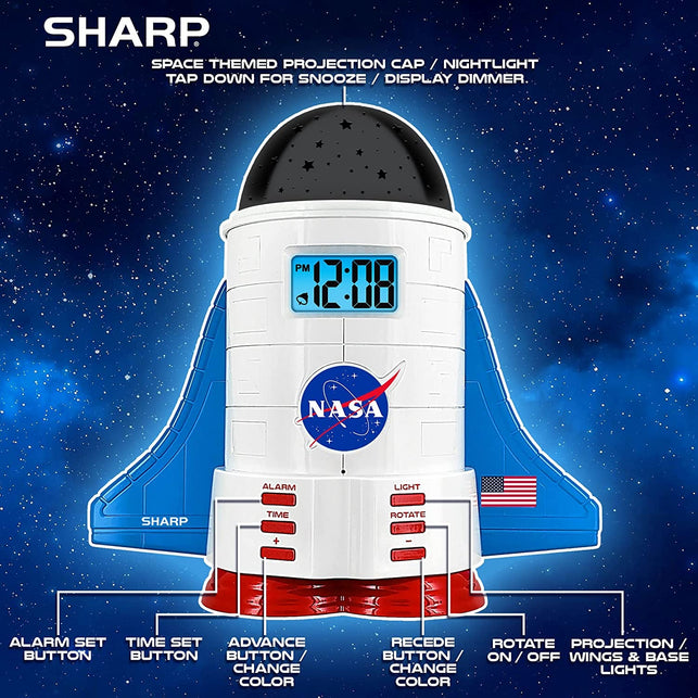 SHARP NASA Space Shuttle Night Light Alarm Clock – Wings and Booster Lights up – Space Design Nightlight Fun with 4 Color Options and 2 Space Themes for Bedroom, Great Gift! - The Gadget Collective