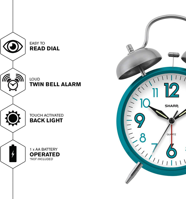 Sharp SPC851 Twin Bell Alarm Clock, Teal - The Gadget Collective