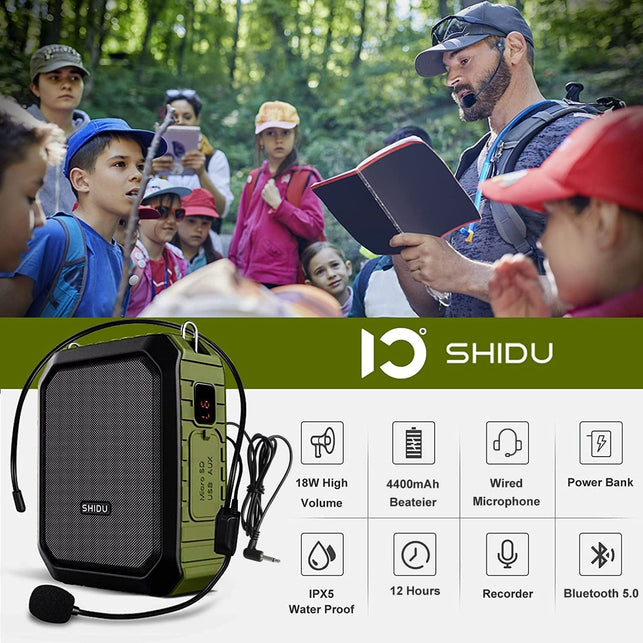 Shidu Voice Amplifier for Teachers, PA System Speaker 18W Portable Megaphone (Work of 12 Hrs) with Wired Mic Headset,Waterproof Ipx 5&Built-In Rechargeable 4400Mah Battery.For Teaching, Meeting&Speech - The Gadget Collective