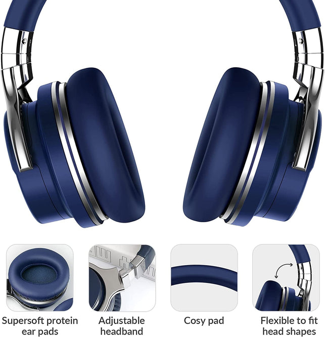 Silensys E7 Active Noise Cancelling Headphones Bluetooth Headphones with Microphone Deep Bass Wireless Headphones over Ear, Comfortable Protein Earpads, 30 Hours Playtime for Travel/Work, Navy - The Gadget Collective